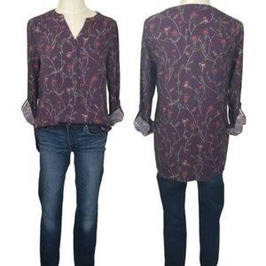 NWT Womens G.H. Bass & Co Long Sleeve Maroon Floral Button Down Blouse Size S